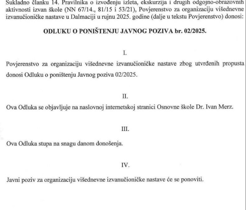 Odluka o poništenju javnog poziva br. 02/2025.